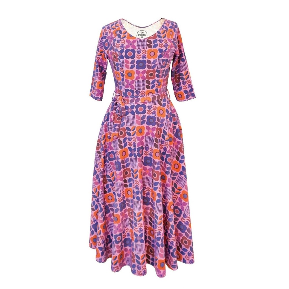 NWT Spero Park Berry Tile 3X Retro Floralβ Midi Dress Pink Purple Long Sleeve